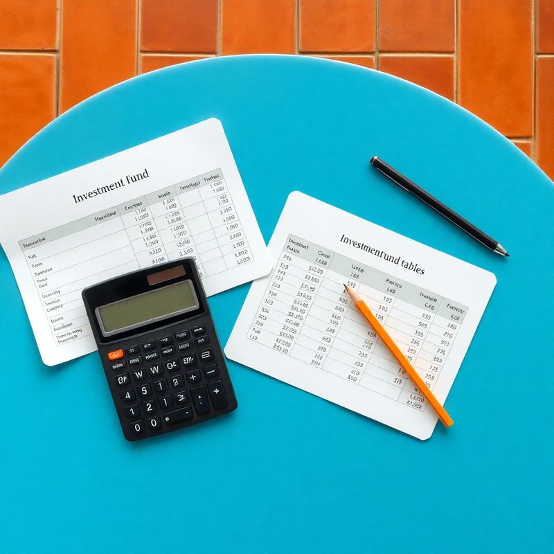 Documentos financieros comparando comisiones de fondos de inversión sobre una mesa azul