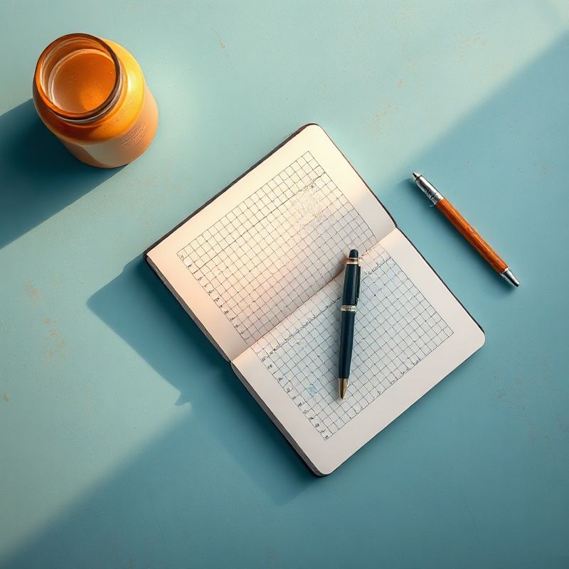 Cuaderno abierto, pluma y gráficos financieros sobre una superficie azul serena