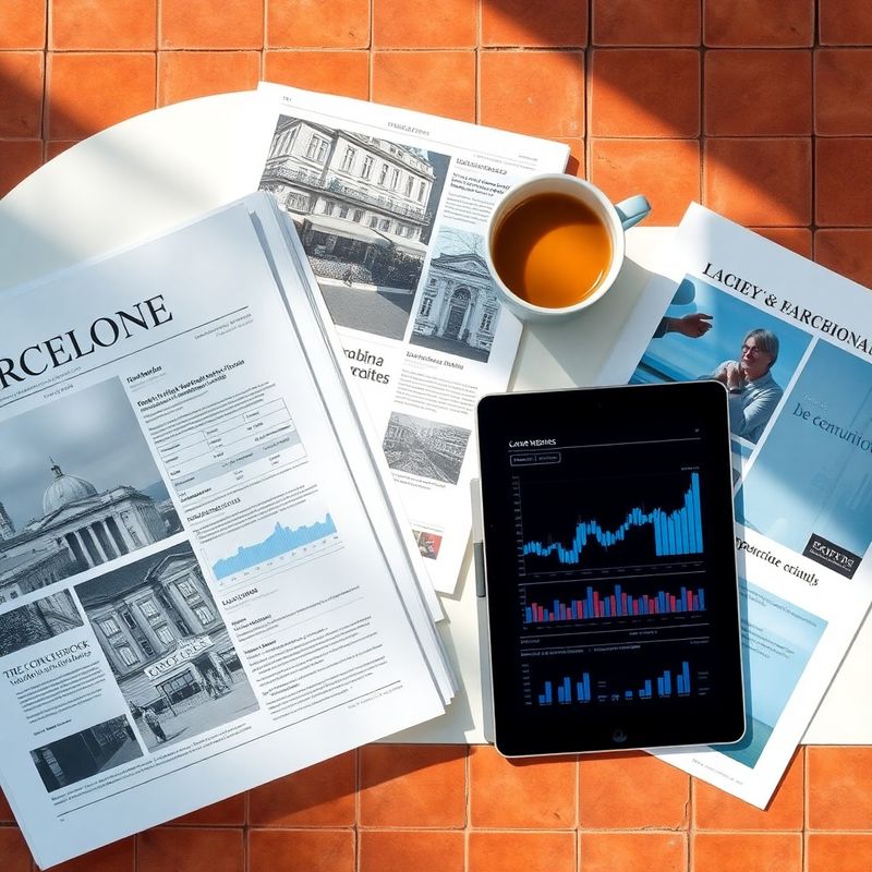 Vista cenital de un escritorio con publicaciones financieras, café y una tableta con gráficos